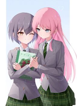 Rule 34 | 2girls, aliasing, bang dream!, bang dream! it's mygo!!!!!, brown eyes, chihaya anon, chinese commentary, chiqingse, closed mouth, commentary request, diagonal-striped clothes, diagonal-striped necktie, green necktie, green skirt, grey eyes, grey hair, hand up, highres, holding, holding hands, holding notebook, long hair, multiple girls, necktie, notebook, one eye closed, pink hair, plaid clothes, plaid skirt, pleated skirt, short hair, skirt, striped clothes, takamatsu tomori, yuri