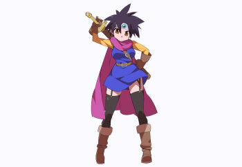 1girl black_garter_straps black_hair black_thighhighs blue_dress boots breasts brown_boots brown_eyes cape character_request copyright_request dragon_quest dress full_body garter_straps holding holding_sword holding_weapon kaidou_zx large_breasts medium_breasts purple_cape shirt simple_background solo spiked_hair sword sword_on_back thighhighs weapon weapon_on_back white_background yellow_shirt