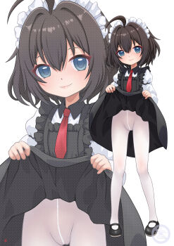 1girl absurdres ahoge black_dress black_hair black_shoes blue_eyes closed_mouth clothes_lift commentary_request commission crotch_seam dress dress_lift frilled_dress frills groin highres lifting_own_clothes long_sleeves maid maid_headdress mary_janes multiple_views nao_suke necktie original pantyhose pinafore_dress puffy_long_sleeves puffy_sleeves red_necktie shirt shoes skeb_commission sleeveless sleeveless_dress smile standing variant_set watermark white_pantyhose white_shirt zoom_layer