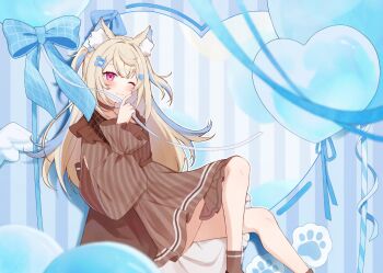 1girl animal_ears balloon blonde_hair blue_background blue_hair blush brown_dress commentary dog_ears dog_girl dress earrings fuwawa_abyssgard heart_balloon hololive jewelry long_hair multicolored_hair one_eye_closed pink_eyes shirano_shino sitting smile solo streaked_hair symbol-only_commentary two-tone_hair two_side_up virtual_youtuber