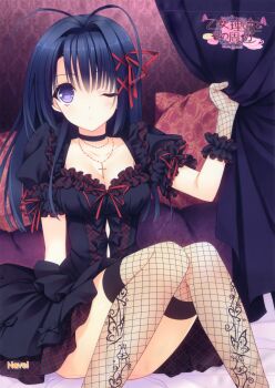 1girl ;o absurdres blue_hair breasts cleavage cross cross_necklace curtain_grab curtains dress fishnet_gloves fishnet_thighhighs fishnets gloves highres jewelry knees_together_feet_apart necklace one_eye_closed ookura_risona otome_riron_to_sono_shuuhen:_ecole_de_paris purple_eyes sitting suzuhira_hiro thighhighs tsuki_ni_yorisou_otome_no_sahou wink