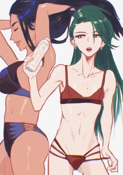 2girls armpit_hair arms_up bikini black_hair blue_bikini bottle breasts cowboy_shot dark-skinned_female dark_skin ear_piercing earrings geeta_(pokemon) green_hair jewelry large_breasts lips long_hair multiple_girls nintendo piercing pokemon pokemon_sv red_bikini red_eyes rika_(pokemon) small_breasts swimsuit ukyu_(komarukoune) very_long_hair water_bottle
