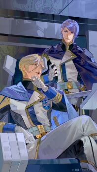 Rule 34 | 2boys, absurdres, blonde hair, blue cape, blue eyes, blue pants, cape, commentary request, crossed legs, feet out of frame, gaelio bauduin, gloves, grin, gundam, gundam tekketsu no orphans, hair between eyes, highres, jacket, long sleeves, looking at another, male focus, mcgillis fareed, military jacket, military uniform, multiple boys, official art, open mouth, pants, purple eyes, purple hair, saiga tokihito, second-party source, short hair, sitting, smile, standing, star (symbol), sunrise (company), sword, weapon, white gloves, white pants