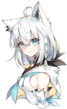 1girl absurdres ahoge animal_ears bare_shoulders black_ribbon blue_eyes blue_neckerchief braid breasts closed_mouth commentary cropped_torso detached_sleeves double-parted_bangs fox_ears from_side hair_between_eyes hair_ribbon highres hololive hood hooded_vest hoodie long_hair looking_at_viewer low_ponytail medium_breasts namonaki_yamada neckerchief ponytail raised_eyebrows ribbon shirakami_fubuki shirakami_fubuki_(1st_costume) sideboob sidelocks single_braided_sidelock smile solo upper_body vest virtual_youtuber white_hair white_sleeves white_vest