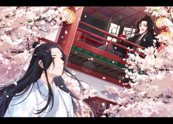 Rule 34 | 2boys, absurdres, ahoge, alcohol, architecture, balcony, bishounen, black hair, black hanfu, cherry blossoms, chinese clothes, closed mouth, commentary request, couple, cup, east asian architecture, falling petals, flower, folding screen, grey eyes, hanfu, headband, highres, holding, holding cup, kabe bo, lan wangji, lantern, letterboxed, long hair, long sleeves, looking at another, male focus, modao zushi, multiple boys, open mouth, outdoors, paper lantern, petals, pink flower, pink petals, ponytail, railing, robe, sakazuki, sidelocks, sitting, smile, standing, topknot, tree, wei wuxian, white hanfu, white headband, wide sleeves, xiao guan (headdress), yaoi, yellow eyes