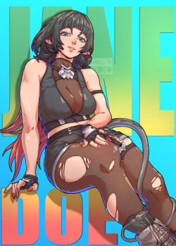 1girl absurdres animal_ears black_hair breasts character_name chuckuddin commentary english_commentary film_grain fingerless_gloves gloves highres jane_doe_(zenless_zone_zero) large_breasts mouse_ears mouse_girl mouse_tail nail_polish pantyhose red_nails solo tail torn_clothes torn_pantyhose zenless_zone_zero