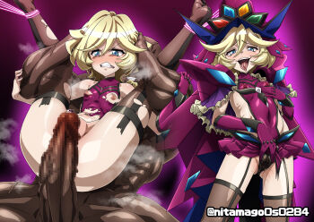 1boy 1girl adama0s0284 black_thighhighs blonde_hair blue_eyes bound bound_legs braid braided_ponytail cameltoe carol_malus_dienheim clothing_cutout covered_erect_nipples covered_navel elbow_gloves flat_chest full_nelson garter_straps gloves gluteal_fold hat highres imminent_penetration imminent_rape imminent_vaginal impossible_clothes leotard loli mole mole_under_eye multiple_views nipples purple_gloves purple_leotard ribs senki_zesshou_symphogear shiny_skin side_cutout sideless_outfit spread_legs spread_pussy spread_pussy_under_clothes thighhighs tongue torn_clothes torn_leotard