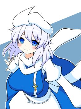 blue_eyes blue_vest commentary_request highres lapel_pin letty_whiterock long_sleeves medium_hair purple_hair scarf shirt touhou triangular_headpiece vest white_scarf white_shirt yute_white