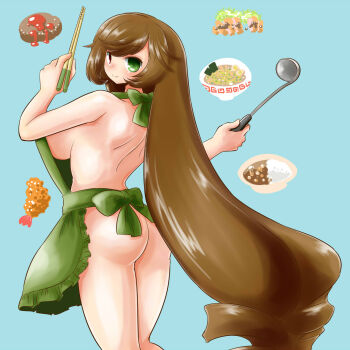 Rule 34 | 1girl, alternate breast size (larger), apron, ass, blue background, blush, bowl, breasts, brown hair, chopsticks, closed mouth, commentary request, cowboy shot, curry, curry rice, drill hair, food, from behind, green eyes, hamburger steak, heterochromia, highres, holding, holding chopsticks, holding ladle, itini-sanshi, ladle, large breasts, long hair, looking at viewer, looking back, meandros, naked apron, noodles, nude, ramen, red eyes, rice, rozen maiden, shrimp, shrimp tempura, simple background, smile, solo, suiseiseki, tempura, twin drills, very long hair