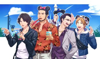 4boys :d animal_ears beard belt black_hair blonde_hair blue_jacket bow chain character_request day drinking_straw eating facial_hair fake_animal_ears fanny_pack formal_clothes gold_chain grey_suit hand_in_pocket higashi_tooru jacket judge_eyes kaito_masaharu lamppost mickey_mouse_ears multiple_boys nashigawa open_mouth orange_shirt pink_bow purple_shirt shirt smile sugiura_fumiya suit sweatdrop white_shirt yagami_takayuki