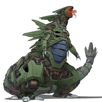 claws fangs gen_2_pokemon gifer_art glowing glowing_eyes glowing_mouth highres joints mecha mecha_focus mechanization nintendo no_humans non-humanoid_robot open_mouth piston pokemon pokemon_(creature) red_eyes robot robot_joints shadow solo tail tyranitar white_background