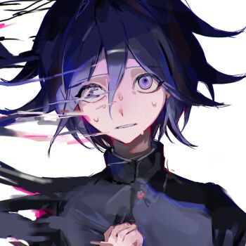 1boy black_hair buttons commentary danganronpa_(series) danganronpa_v3:_killing_harmony disintegration flipped_hair gahagahay526 gakuran hair_between_eyes hand_on_own_chest highres jacket long_sleeves looking_at_viewer male_focus nervous_sweating oma_kokichi parted_lips portrait purple_eyes purple_hair ringed_eyes school_uniform short_hair simple_background solo surreal sweat teeth white_background worried