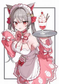 1girl :3 absurdres animal_ears apron bare_shoulders bell blush bow bowtie breasts buttons cat_ears cat_girl character_name cherry choker cleavage closed_mouth colored_inner_animal_ears commentary cup detached_sleeves dress food food_print frilled_dress frilled_sleeves frills fruit fruit_print grey_hair hair_between_eyes hair_intakes hair_ornament hairclip hand_up highres holding holding_tray ice_cream inset_border jinggun jingle_bell large_breasts long_hair long_sleeves looking_at_viewer maid maid_apron multicolored_hair nail_polish neneko_mashiro pink_bow pink_bowtie pink_choker pink_nails pink_sleeves red_eyes red_hair red_streaks sleeves_past_wrists solo spoon standing stellive strawberry_print streaked_hair sundae symbol-only_commentary tongue tongue_out tray very_long_hair virtual_youtuber wafer_stick waist_apron white_apron white_background white_bow white_dress wide_sleeves x_hair_ornament