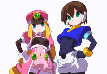 Rule 34 | 1girl, 2girls, aile (mega man zx), black bodysuit, blonde hair, blue jacket, bodysuit, breasts, brown hair, commentary request, cropped jacket, green eyes, hat, high-waist shorts, jacket, kaidou zx, long hair, mega man (series), mega man zx, multiple girls, pink hat, pink jacket, pink shorts, prairie (mega man), robot ears, shako cap, short hair, shorts, solo, white shorts