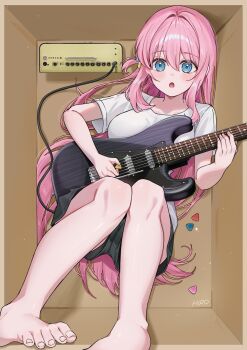 1girl absurdres barefoot black_shorts blue_eyes blush bocchi_the_rock! box commentary cube_hair_ornament electric_guitar english_commentary feet feet_up foot_out_of_frame from_above gotoh_hitori guitar hair_intakes hair_ornament highres holding holding_plectrum in_box in_container instrument long_hair looking_at_viewer lying on_back open_mouth pink_hair plectrum rounizm shirt short_sleeves shorts signature solo toes very_long_hair white_shirt