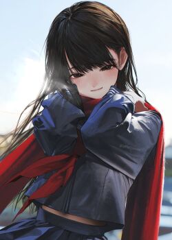 1girl bad_id bad_twitter_id black_shirt black_skirt blurry blurry_background blush closed_mouth cowboy_shot fanbox_username hands_up highres honjou_ruri honnryou_hanaru long_hair long_sleeves looking_at_viewer loose_hair_strand midriff_peek necktie original pleated_skirt red_scarf scarf school_uniform serafuku shirt signature skirt sky smile solo watermark