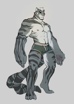 1boy abs animal_ears bara black_male_underwear boxer_briefs boxers bulge claws commentary english_commentary facial_hair full_body furry furry_male goatee grey_fur highres large_hands large_pectorals looking_at_viewer male_focus male_underwear mature_male multiple_tails muscular muscular_male navel navel_hair nipples original pectorals short_hair solo standing stomach tail thick_eyebrows thick_thighs thighs tiger_boy tiger_ears tiger_stripes tiger_tail topless_male two_tails underwear underwear_only wincalblanke
