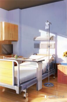 artist_name bed book chinese_commentary chinese_text commentary_request drink electrical_outlet flower flower_pot highres hospital hospital_bed moonslanstudio no_humans original plant plug reflective_floor scenery shade shelf sunflower sunlight television wooden_floor