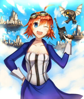 1girl ahoge akuko_(arc) bioshock bioshock_(series) bioshock_infinite blue_eyes blue_sky blush breasts choker cosplay dress elizabeth_(bioshock_infinite) elizabeth_(bioshock_infinite)_(cosplay) female_focus gia goggles gun hand_on_own_hip handgun jacket mauser_c96 medium_breasts one_eye_closed orange_hair original short_hair sky solo songbird songbird_(bioshock_infinite) steampunk striped trigger_discipline vertical_stripes weapon wink