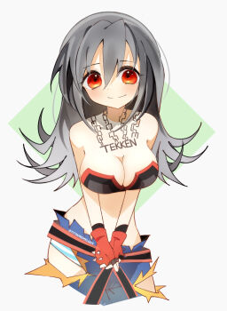 absurdres breasts choujigen_game_neptune cleavage fingerless_gloves gloves grey_hair highres jewelry long_hair martial_arts_belt medium_breasts necklace neptune_(series) panties pants red_eyes red_gloves strapless_sports_bra striped_clothes striped_panties tekken_(neptunia) torn_clothes torn_pants underwear yitsune_melody