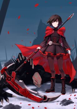 1girl 1other absurdres belt beowolf black_boots black_corset black_hair black_shirt black_skirt boots brown_belt brown_pantyhose cape combat_boots commentary_request corset crescent_rose expressionless falling_petals frilled_skirt frilled_sleeves frills full_body grey_eyes grimm_(rwby) highres holding holding_scythe holding_weapon long_sleeves looking_ahead outdoors pantyhose partial_commentary petals red_cape ruby_rose rwby scythe shiro3necro shirt short_hair skirt skirt_set turtleneck turtleneck_shirt weapon