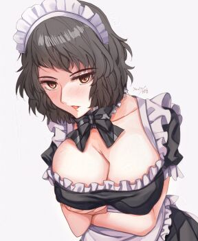1girl apron artist_name black_dress black_hair blush bow bowtie breasts cleavage commentary detached_collar dress english_commentary frilled_apron frilled_sleeves frills highres kawakami_sadayo large_breasts looking_at_viewer maid maid_apron maid_headdress medium_hair official_alternate_costume open_mouth persona persona_5 short_sleeves white_apron white_background yaoto