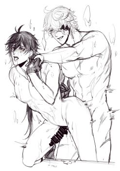 2boys absurdres anal bare_legs blush censored cum cum_on_body cum_on_legs drooling eyepatch genshin_impact greyscale highres monochrome multiple_boys nude open_mouth rough_sex sex sex_from_behind spread_legs tartaglia_(genshin_impact) thrust_lines tongue tongue_out topless_male white_background yaoi zhaobxzf zhongli_(genshin_impact)