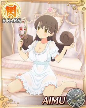 1girl adjusting_hair aimu_(senran_kagura) barefoot bedroom border breasts brown_eyes card_(medium) character_name cleavage closed_mouth curled_ends curly_hair dress frilled_pajamas frills game_cg hand_mirror holding holding_mirror large_breasts looking_at_mirror mirror nightgown official_art on_bed pajamas scoop_neck senran_kagura senran_kagura_new_wave sitting solo wariza white_dress white_nightgown white_pajamas