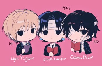 3boys bandage_over_one_eye bandaged_head bandages black_eyes black_hair black_jacket black_necktie blonde_hair book bungou_stray_dogs chibi chibi_only chrollo_lucilfer closed_mouth collared_shirt commentary_request copyright_name cropped_torso crossover curtained_hair dazai_osamu_(bungou_stray_dogs) death_note dot_nose earrings formal_clothes gauze gauze_on_cheek hair_between_eyes holding holding_book hunter_x_hunter jacket jewelry looking_at_viewer male_focus multiple_boys necktie open_book open_clothes open_jacket pink_background sevenlistening shirt short_hair simple_background smile suit suit_jacket white_shirt yagami_light
