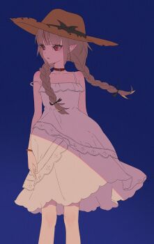 1girl arms_at_sides bare_shoulders belt_collar black_bow black_ribbon blue_background blunt_bangs bow bracelet braid choker collar collarbone dress feet_out_of_frame grey_hair hair_ribbon hat hat_bow highres ichi_san_neruzo jewelry lace_trim long_hair looking_to_the_side makaino_ririmu makaino_ririmu_(3rd_costume) multicolored_hair nijisanji parted_lips pointy_ears red_collar red_eyes red_hair ribbon shade sidelocks simple_background sleeveless sleeveless_dress solo standing strap_slip straw_hat streaked_hair sundress twin_braids twitter_username virtual_youtuber white_dress wind