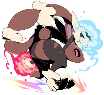 1girl arched_back ass ass_focus black_pants black_sclera black_shirt body_fur breasts brown_fur colored_sclera cropped_shirt eyelashes female_focus foot_up furry furry_female gen_4_pokemon hands_up looking_at_viewer looking_back lopunny mega_lopunny mega_pokemon narrow_waist nintendo pants petite pink_eyes pokemon pokemon_(creature) rabbit_ears rabbit_girl rabbit_tail shirt simple_background solo standing standing_on_one_leg thighs torn_clothes torn_pants two-tone_fur very_long_ears white_background wide_hips