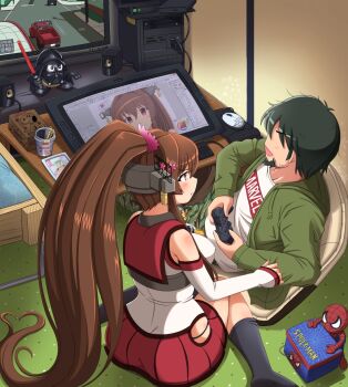 10s 1boy 1girl adobe_photoshop artist_self-insert bad_id bad_pixiv_id black_hair box brown_hair controller copyright_name darth_vader detached_sleeves dualshock game_console game_controller gamepad grand_theft_auto grand_theft_auto_v hair_ornament highres kantai_collection long_hair marvel motor_vehicle peanuts_(comic) pickup_truck playing_games playstation_controller ponytail pout red_eyes rockstar shin'en-san_(shin'en) shin'en_(gyokuro_company) short_hair single_thighhigh sitting snoopy spider-man spider-man_(series) star_wars thighhighs trevor_philips truck very_long_hair wariza yamato_(kancolle)