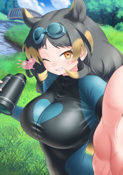 alternate_breast_size_(larger) animal_ears binoculars blonde_hair blue_jacket camera goggles goggles_on_head grey_hair grin heart hippopotamus_ears hippopotamus_gorgops_(kemono_friends) holding holding_binoculars holding_camera jacket kemono_friends kemono_friends_3 long_hair long_sleeves looking_at_viewer multicolored_hair official_art one_eye_closed orange_eyes selfie sidelocks smile yoshida_hideyuki