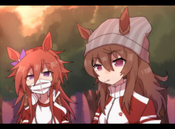 2girls animal_ears beanie beer_hsk brown_hair ears_through_headwear grey_hat hair_between_eyes hat horse_ears jacket letterboxed long_hair mask mouth_hold mouth_mask multiple_girls nakayama_festa_(umamusume) orfevre_(old_design)_(umamusume) outdoors purple_eyes red_jacket striped_clothes striped_headwear sunset track_jacket tree umamusume upper_body vertical-striped_clothes vertical-striped_headwear