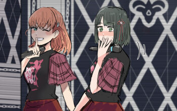 2girls 5th_live_tour_~4pair_power_spread!!!!~ ;d aqua_eyes black_hair black_shirt blunt_bangs blunt_ends blush bob_cut brown_skirt cerise_bouquet coco_apollon commentary crossed_bangs finger_to_mouth flower flower_knot green_eyes grin hair_flower hair_ornament hinoshita_kaho holding holding_hands holding_microphone holding_with_gesture link!_like!_love_live! looking_at_viewer love_live! microphone momose_ginko multiple_girls nirei_nozomi nose_blush one_eye_closed open_mouth orange_hair pink_sleeves plaid_clothes plaid_sleeves rabbit_hair_ornament sakurai_hina shirt short_hair shushing skirt smile symbol-only_commentary t-shirt two_side_up virtual_youtuber voice_actor_connection white_flower yuri