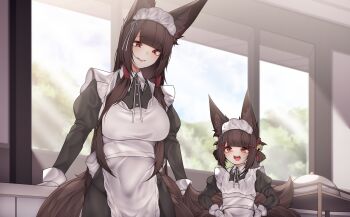 2girls absurdres akagi-chan_(azur_lane) akagi_(azur_lane) animal_ears apron azur_lane bell breasts brown_hair commentary dated_commentary english_commentary fox_ears fox_tail hair_bell hair_ornament highres large_breasts long_hair maid maid_headdress multiple_girls multiple_tails samip tail