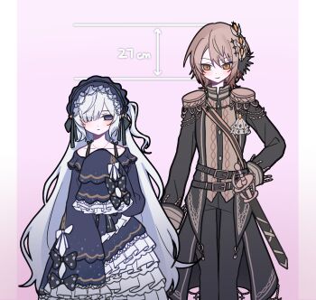 Rule 34 | 2girls, arrow (symbol), belt, black belt, black gloves, black jacket, black pants, blue hairband, bow, chinese commentary, closed mouth, commentary request, cowboy shot, dress, epaulettes, expressionless, frilled dress, frilled sleeves, frills, gloves, gothic lolita, hair over one eye, hairband, hand on own hip, hasumi leia, height difference, highres, jacket, lolita fashion, lolita hairband, long hair, long sleeves, looking at viewer, mahou shoujo no majo saiban, multiple girls, natsume an-an, one side up, pants, polka dot, polka dot bow, purple eyes, sash, short hair, shoulder sash, sleeves past fingers, sleeves past wrists, smile, standing, tanuki (tanukiiiiiii), very long hair, white hair, yellow eyes