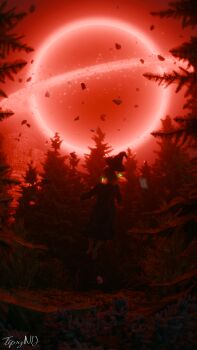 1girl 3d black_hole book commentary doom_(mage_arena) dress english_commentary floating from_behind hat highres hololive hololive_english long_hair mage_arena open_book signature solo takanashi_kiara tipsynode tree virtual_youtuber witch_hat