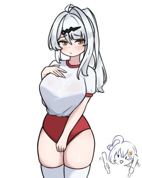 Rule 34 | 2girls, absurdres, ahoge, alternate costume, arutemisu180, belle (zenless zone zero), blush, breast conscious, breasts, buruma, commentary, covering crotch, covering privates, cowboy shot, crossed bangs, english commentary, gym uniform, hair between eyes, hair ornament, hairpin, highres, holding, large breasts, letter hair ornament, long hair, looking at viewer, motion lines, multiple girls, paid reward available, red buruma, shirt, shirt tucked in, simple background, thighhighs, thighs, white background, white hair, white shirt, white thighhighs, yellow eyes, yixuan (zenless zone zero), zenless zone zero