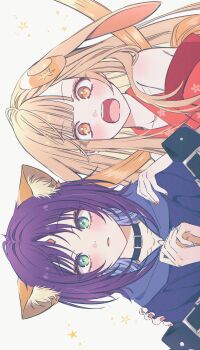 2girls animal_ears blonde_hair blue_hoodie blue_nails blush cho_kaguya-hime! choker crescent crescent_pin fox_ears gongnyeo_0203 green_eyes hands_on_another's_shoulders hashtag-only_commentary highres hood hoodie kaguya_(cho_kaguya-hime!) long_hair multiple_girls orange_eyes purple_hair rabbit_ears red_nails sakayori_iroha short_hair white_background wide_mouth yuri