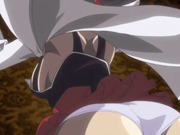 00s 2006 2girls animated animated_gif ass bible_black bible_black_new_testament black_hair blonde_hair blue_eyes braid braided_ponytail braided_sidelock breasts grey_hair kiriya_saki kitami_reika large_breasts lying medium_breasts multiple_girls nipples open_clothes outstretched_arms panties presenting purple_eyes school_uniform seductive_smile shin_bible_black shirt skirt smile tagme thighhighs underwear