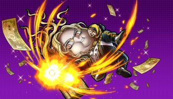 1boy banknote black_jacket black_pants blonde_hair chain chain_necklace chibi chibi_only fat fat_man floating floating_hair glasses gold_chain grin highres jacket jewelry long_hair male_focus money necklace non-web_source official_art orange_eyes pants ponytail purple_background ring shirt smile solo star_(symbol) star_print todoroki_eiji_(tribe_nine) tribe_nine white_shirt