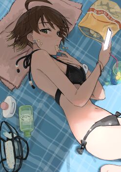 1girl absurdres ahoge awakened_miki bag_of_chips beach_towel bikini black_bikini brown_hair cellphone chips_(food) commentary drink earrings eating english_commentary epitaph_(1122) food from_side green_eyes highres holding holding_food holding_phone hoshii_miki idolmaster idolmaster_(classic) jewelry looking_at_viewer lying on_side phone potato_chips short_hair smartphone solo star_(symbol) star_earrings swimsuit towel