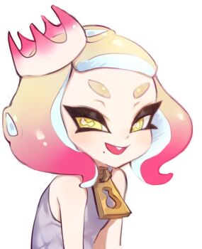 1girl bad_id bad_twitter_id bare_shoulders crown dress female_focus gradient_hair hair_ornament inkling jtveemo mole multicolored_hair nintendo open_mouth pearl_(off_the_hook_outfit)_(splatoon) pearl_(splatoon) pink_hair simple_background sleeveless sleeveless_dress smile solo splatoon_(series) splatoon_2 squid teeth tentacle_hair tentacles white_background white_hair zipper_pull_tab