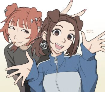 2girls absurdres animal_ears artist_name black_shirt blue_jacket brown_eyes brown_hair bunny_ears_prank cigarette commentary dog_ears dog_girl ear_piercing empty_eyes eyebrow_piercing face_piercing fang highres hitsuji_(hitsujigoods) jacket mitsu_(hitsujigoods) multiple_girls open_mouth original piercing shirt signature simon_(ttgl) sleeves_past_wrists smile smirk smoking track_jacket twintails vivi_(hitsujigoods)