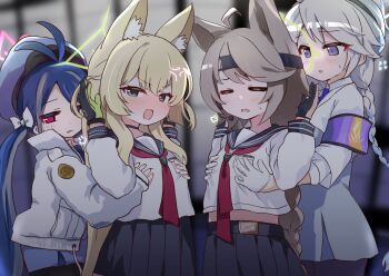 4girls animal_ears blonde_hair blue_archive blue_hair braid commentary_request commission flat_chest fox_ears fox_girl fubuki_(blue_archive) gloves grabbing_another&#039;s_breast groping halo highres kirino_(blue_archive) kurosaki_kousuke kurumi_(blue_archive) long_hair multiple_girls otogi_(blue_archive) school_uniform skeb_commission