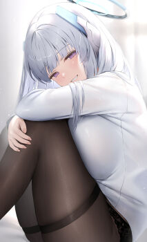 1girl absurdres black_panties black_pantyhose blue_archive blush breasts feet_out_of_frame fingernails grey_hair grin halo hibimaru highres large_breasts long_hair long_sleeves looking_at_viewer mechanical_halo noa_(blue_archive) panties panties_under_pantyhose pantyhose purple_eyes smile solo thighs underwear white_background
