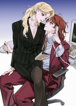 Rule 34 | 2girls, black pants, blonde hair, blush, chair, crossed legs, earrings, fingernails, formal clothes, highres, holding, holding pen, holding phone, jewelry, looking up, multiple girls, office chair, office lady, original, pants, parted lips, pen, phone, purple eyes, red pants, roru (lol dessin), sitting, sitting on lap, sitting on person, smile, suit, swivel chair, yuri