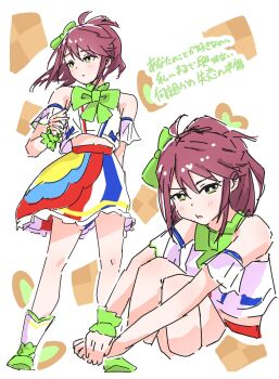 Rule 34 | 1girl, :t, akb48, bare shoulders, blue skirt, boots, brown hair, closed mouth, commentary, cosplay, crop top, cropped legs, cropped shirt, detached sleeves, full body, goto akira, green boots, green eyes, highres, ikizulive! love live! bluebird, looking at viewer, love live!, midriff, multicolored skirt, multiple views, ponytail, pout, red skirt, shirt, short sleeves, sitting, skirt, sleeveless, sleeveless shirt, standing, translation request, white shirt, yellow skirt, yozorapi