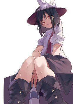 1girl absurdres black_boots black_hair black_hat black_skirt boots bottle bow from_below hair_between_eyes hair_bow hand_between_thighs hat hat_bow highres muraryo necktie open_mouth puffy_sleeves red_eyes shirt short_hair simple_background sitting skirt sleeve_cuffs solo sweat touhou usami_renko water_bottle white_background white_bow white_shirt